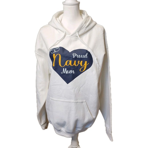 Gildan Tops - Proud Navy Mom‎ Hoodie Sweatshirt Womens Large White Gildan Pouch Military Pride